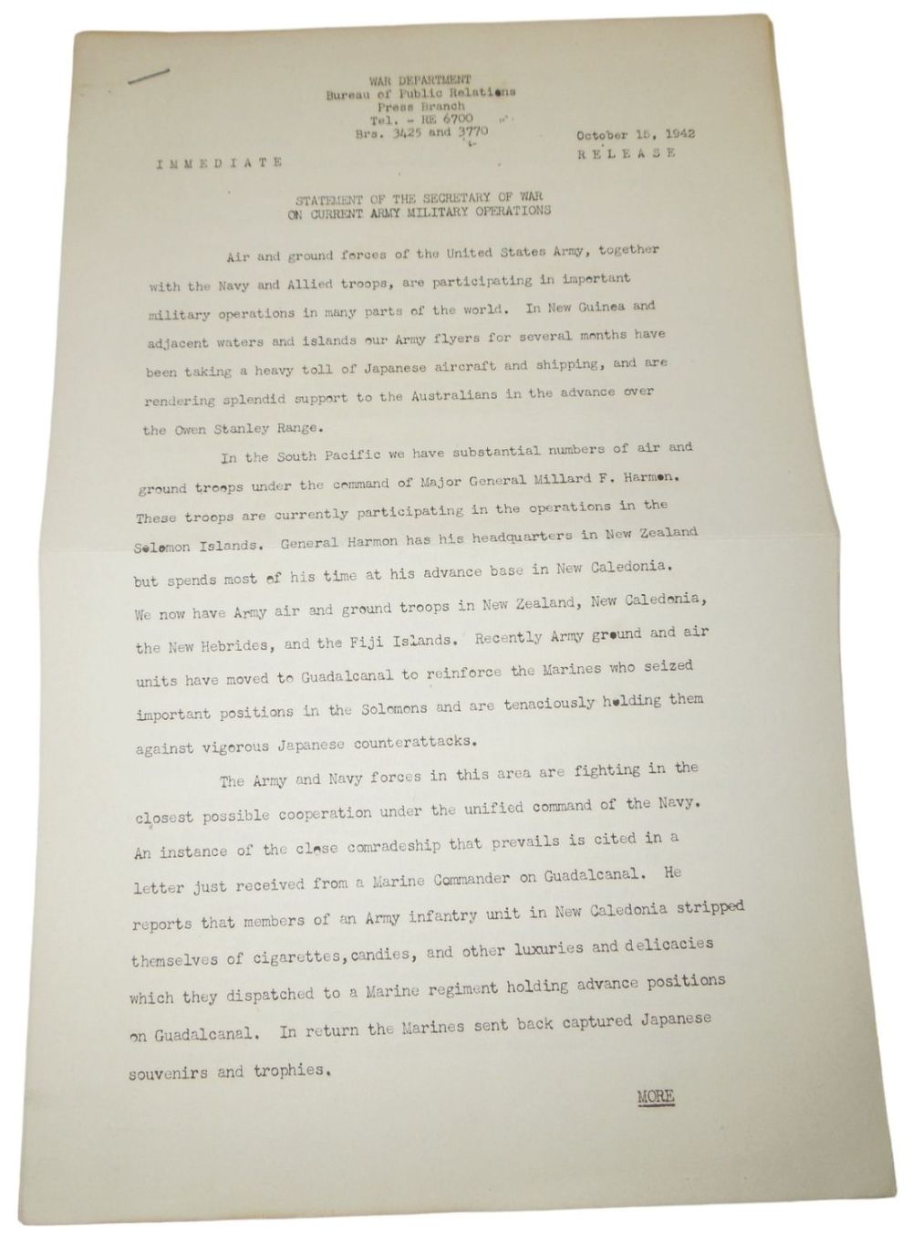 Lot 159: WWII 1942 War Department Press Release on US Military World Operations