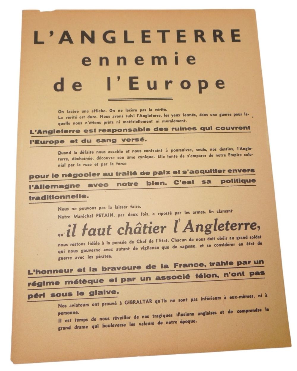 Lot 160: WWII France Propaganda Leaflet of the French Anti-British League Marshal Pertain