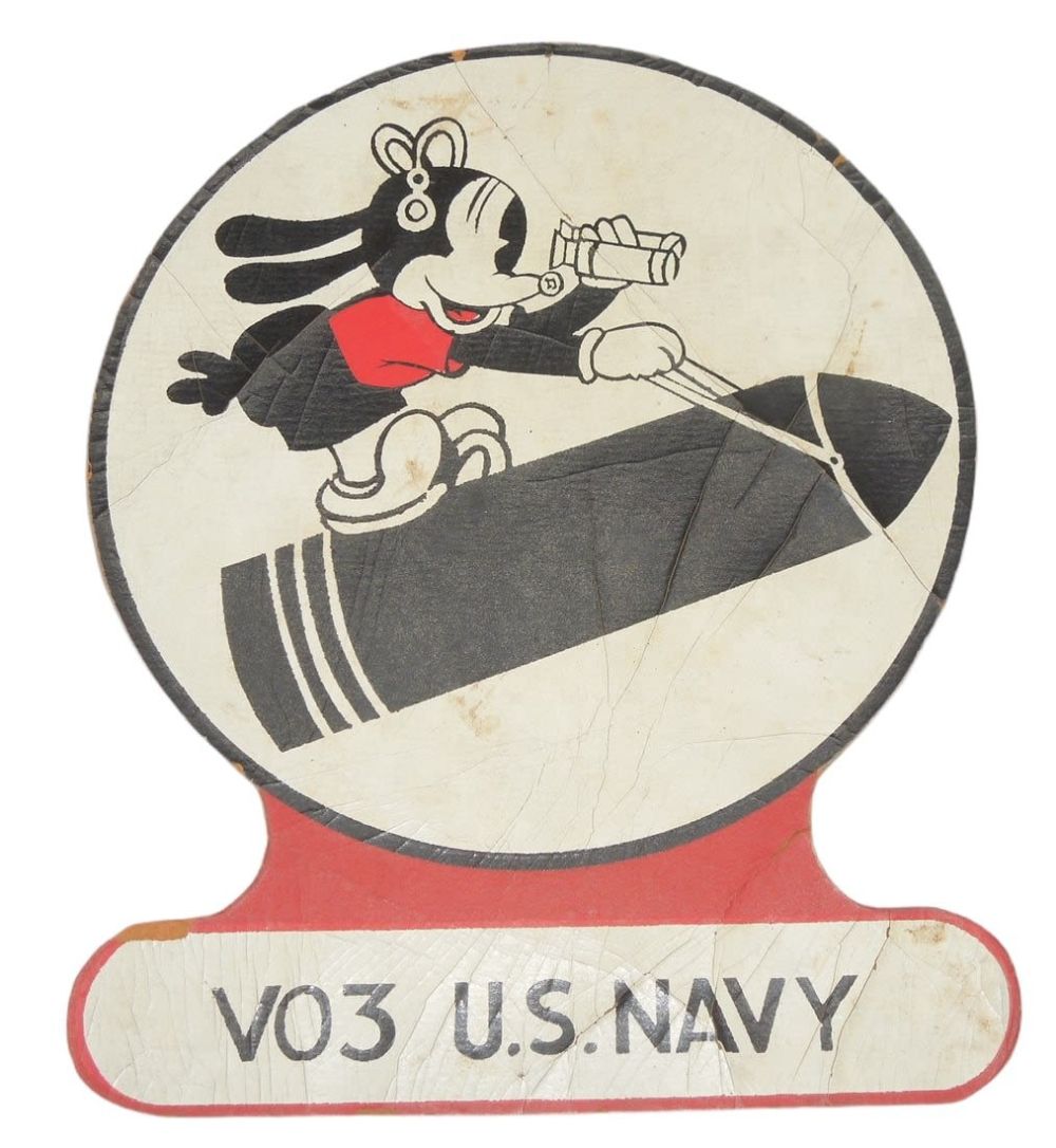 Lot 174: WWII US Navy VO-3 Mickey Mouse Observation Squadron Cardboard Patch