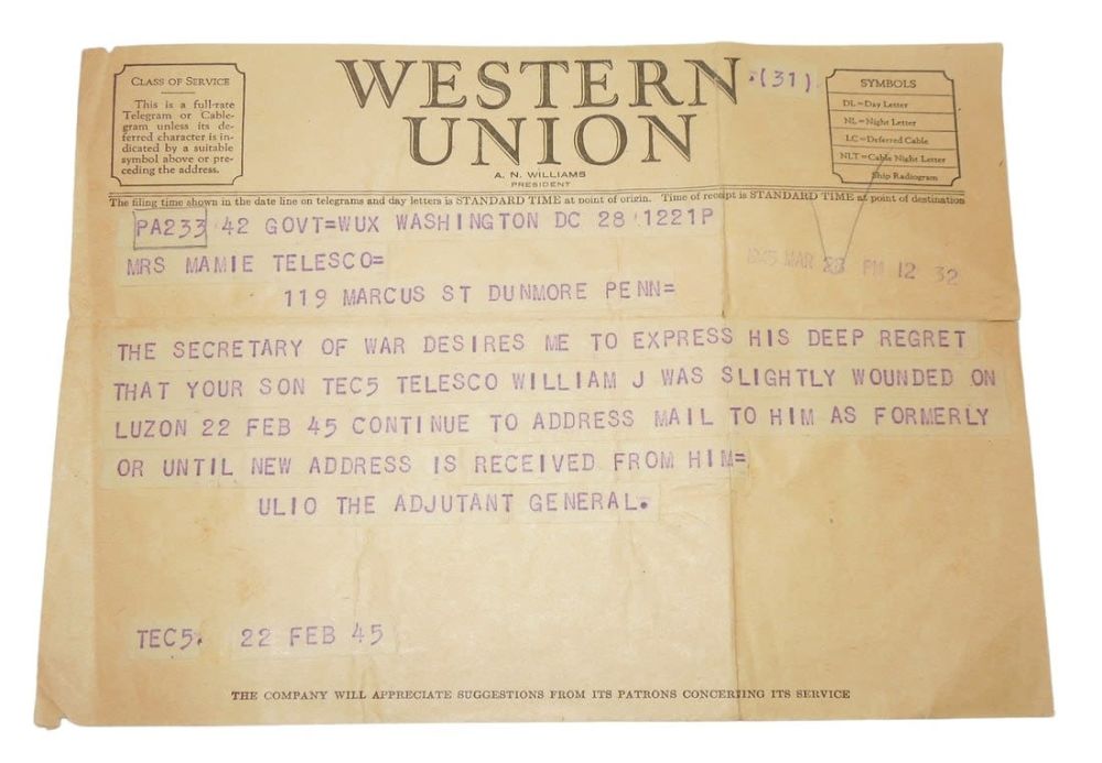 Lot 194: WWII US Army 32nd Division 127th Infantry Wounded at Luzon Telegram