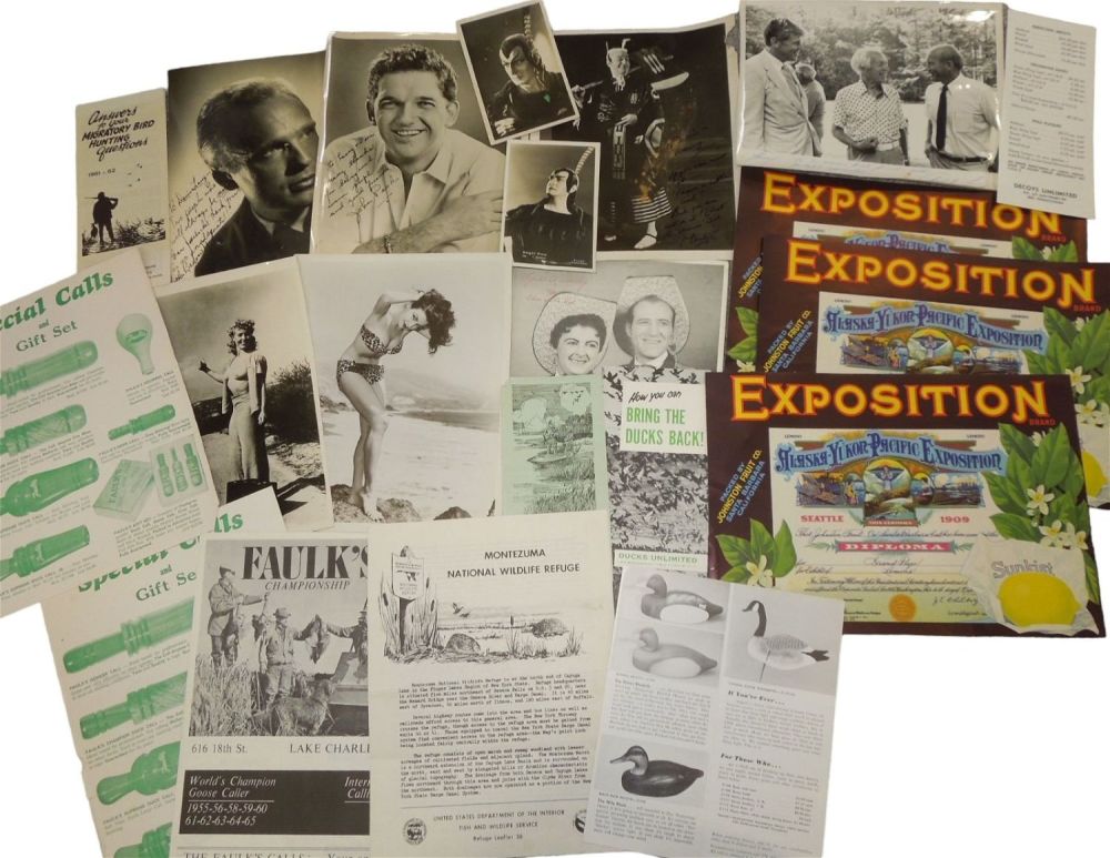 Lot 247: Lot 1950s to 70s Signed Portrait Photos Duck Call Papers Alaska Yukon Expo Certificates