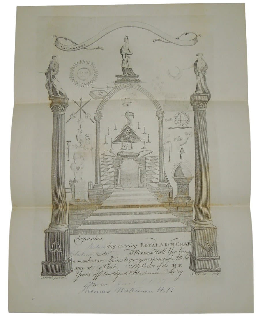 Lot 250: 1877 Dated Masonic Fraternal Document Royal Arch Chapter Boston, Massachusetts