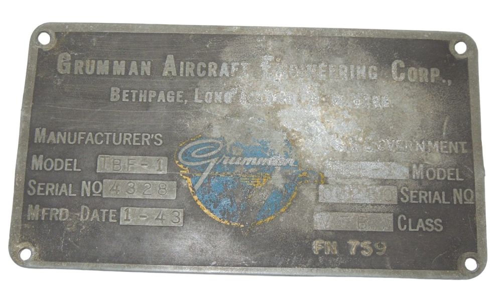 Lot 252: WWII 1943 Grumman TBF-1 Avenger Aircraft TBF-1 Plane Data Plate