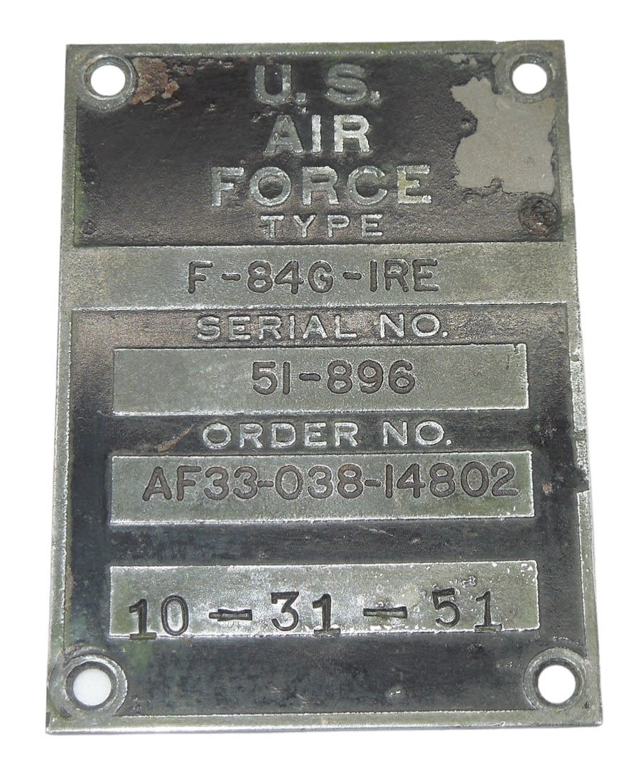 Lot 254: Korean War Era 1951 US Air Force Republic F-84G Thunderjet Fighter Plane Data Plate