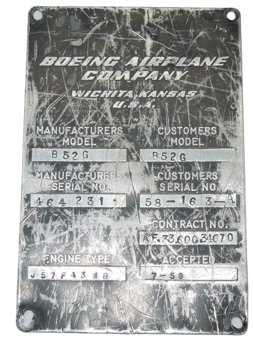 Lot 255: 1959 Dated US Air Force Boeing B-52G Stratofortress Airplane Data Plate