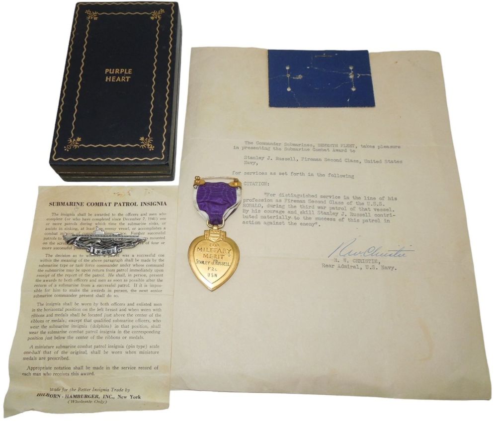 Lot 269: WWII USN Navy KIA Submarine USS Robalo Purple Heart Medal & Documents