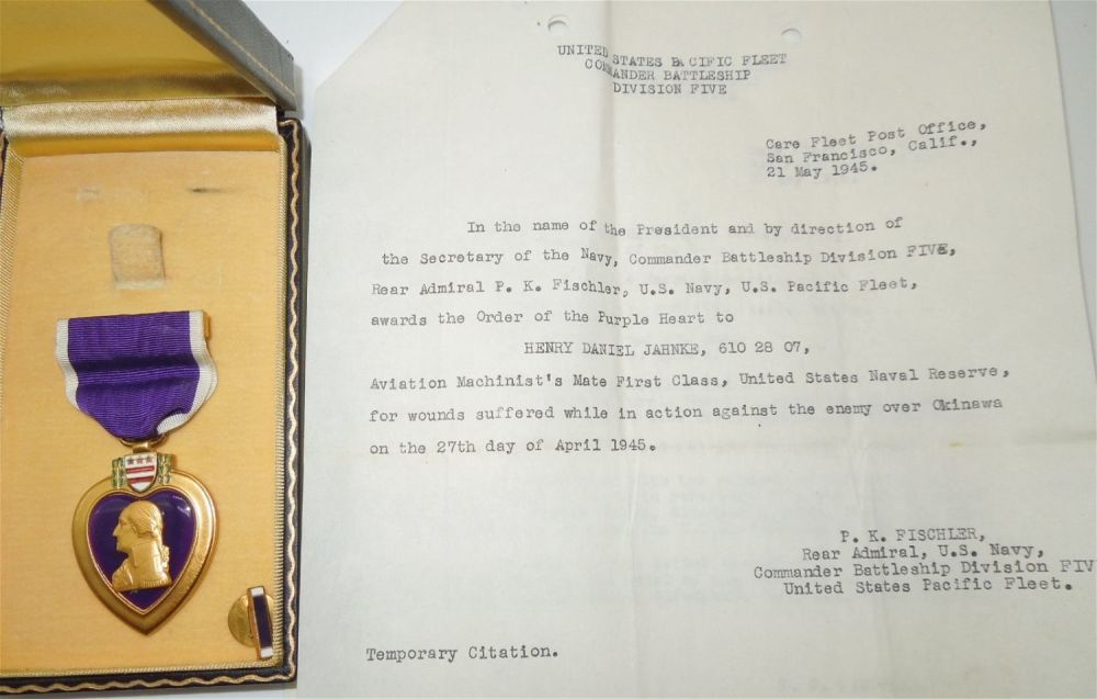 Lot 271: WWII USN Navy USS Texas WIA Wounded Over Okinawa Purple Heart Aviator Group