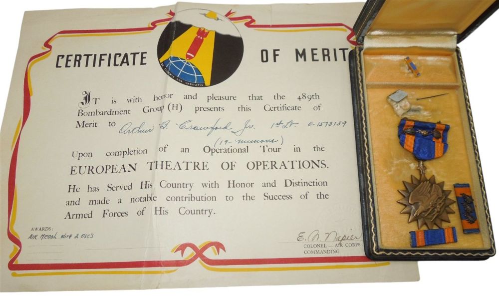 Lot 272: WWII USAAF Army Air Force 489th Bomb Group Certificate of Merit & Air Medal