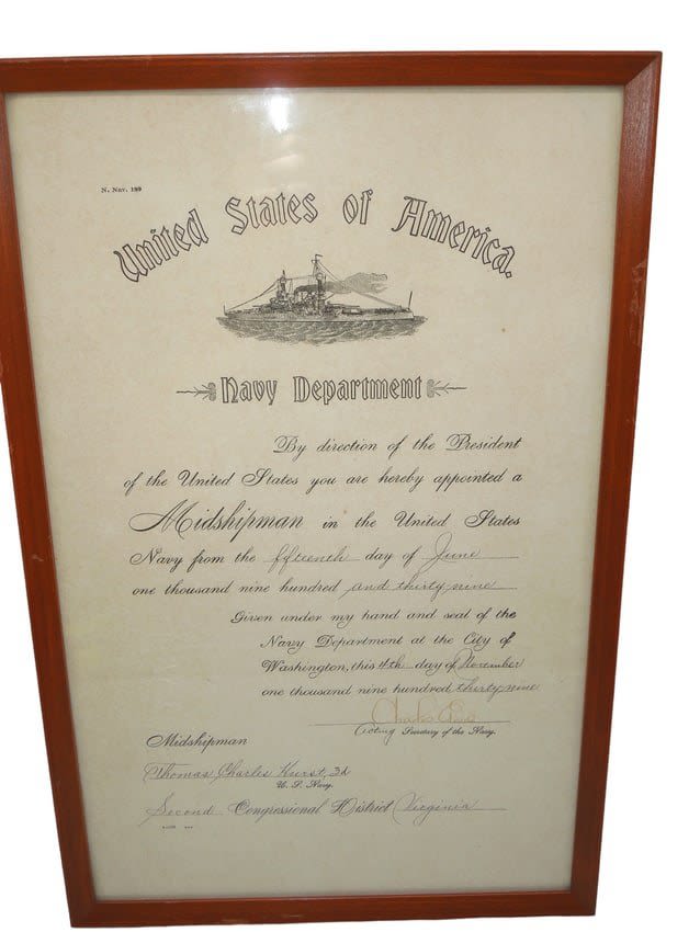Lot 298: USNA Naval Academy 1939 Named Midshipman Promotion Document Submarine Captain