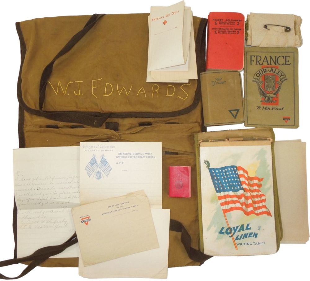 Lot 339: WWI US Army Soldiers Personal Effects Kit With Bible, Dictionaries, Letter & Notepad