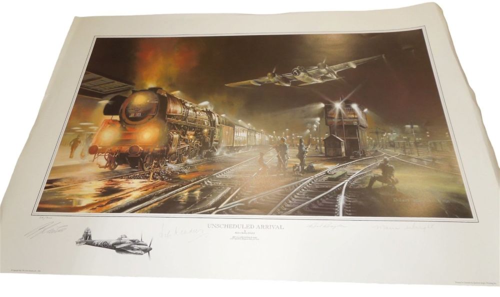 Lot 360: Unscheduled Arrival Signed Print RCAF Bowden, RAF Meadows, Wright & Artist Bailey
