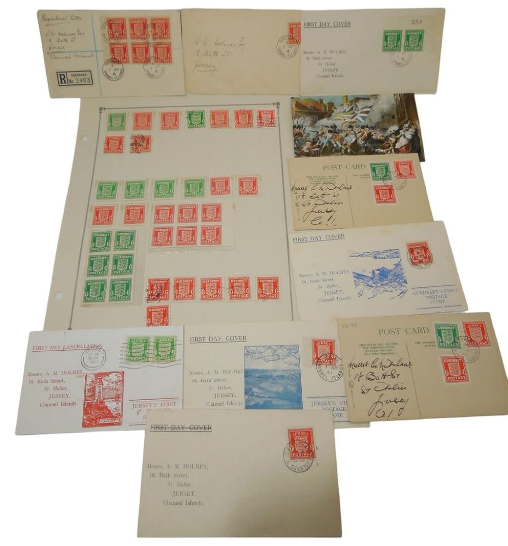 Lot 380: WWII British Channel Islands: Guernsey & Jersey Stamp Collection, Covers, Postcards