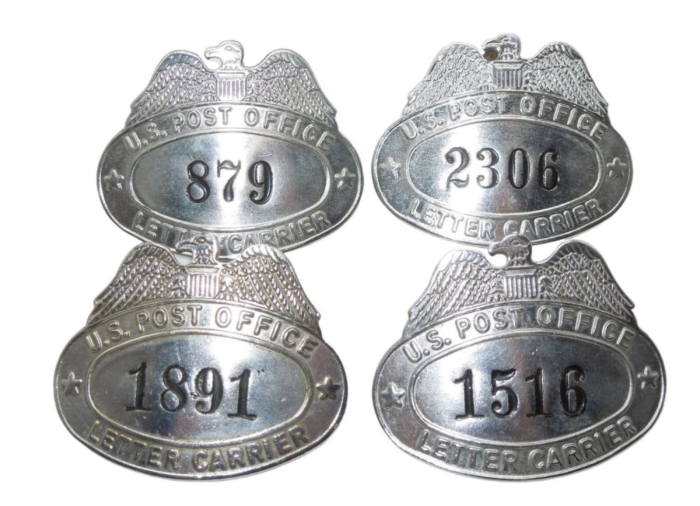 Lot 497: Lot (4) Vintage US Post Office Letter Carrier Cap Hat Badges