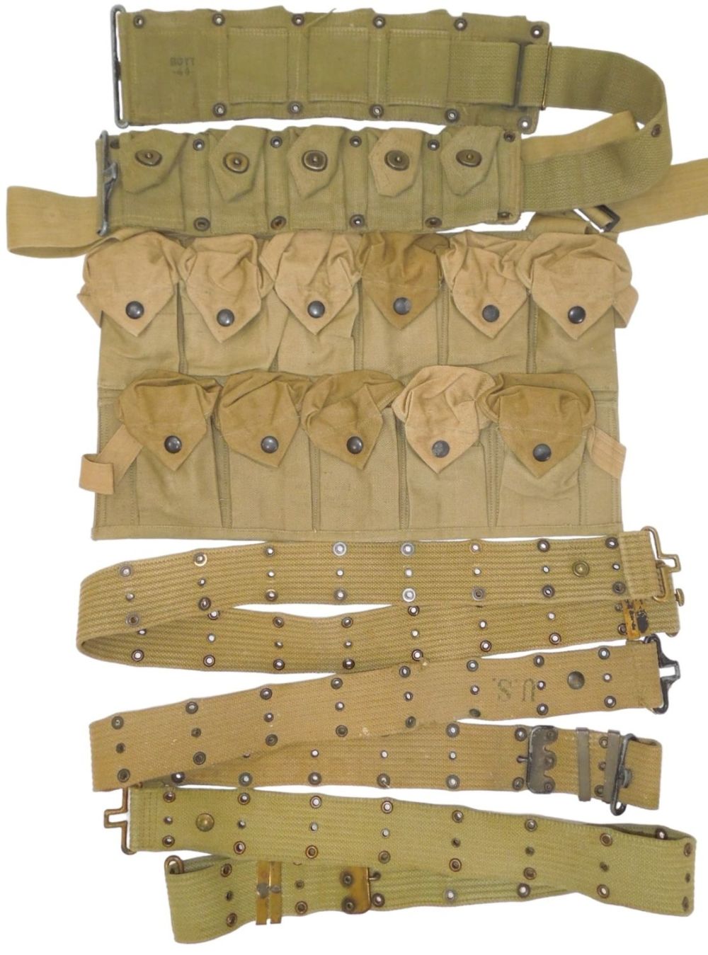 Lot 554: Lot (5) WWI - WWII US Army Ammo, Pistol, Grenade Belts