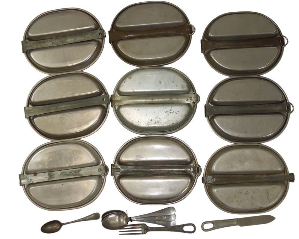 Lot 564: Lot (9) WWII Era Dated US Military Mess Kits & Utensils A.G.M. Knapp-Monarch Dazey Leyse