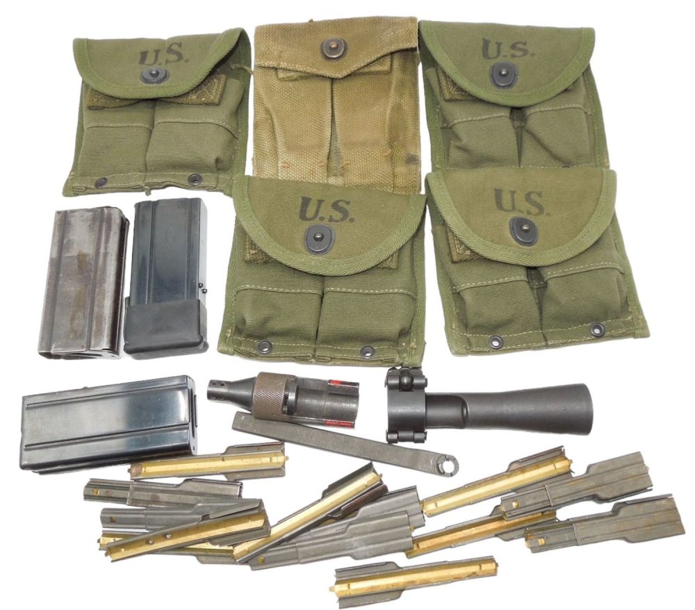 Lot 570: Lot WWII - Korean War US Military M-1 Carbine Magazines Pouches Weapon Parts