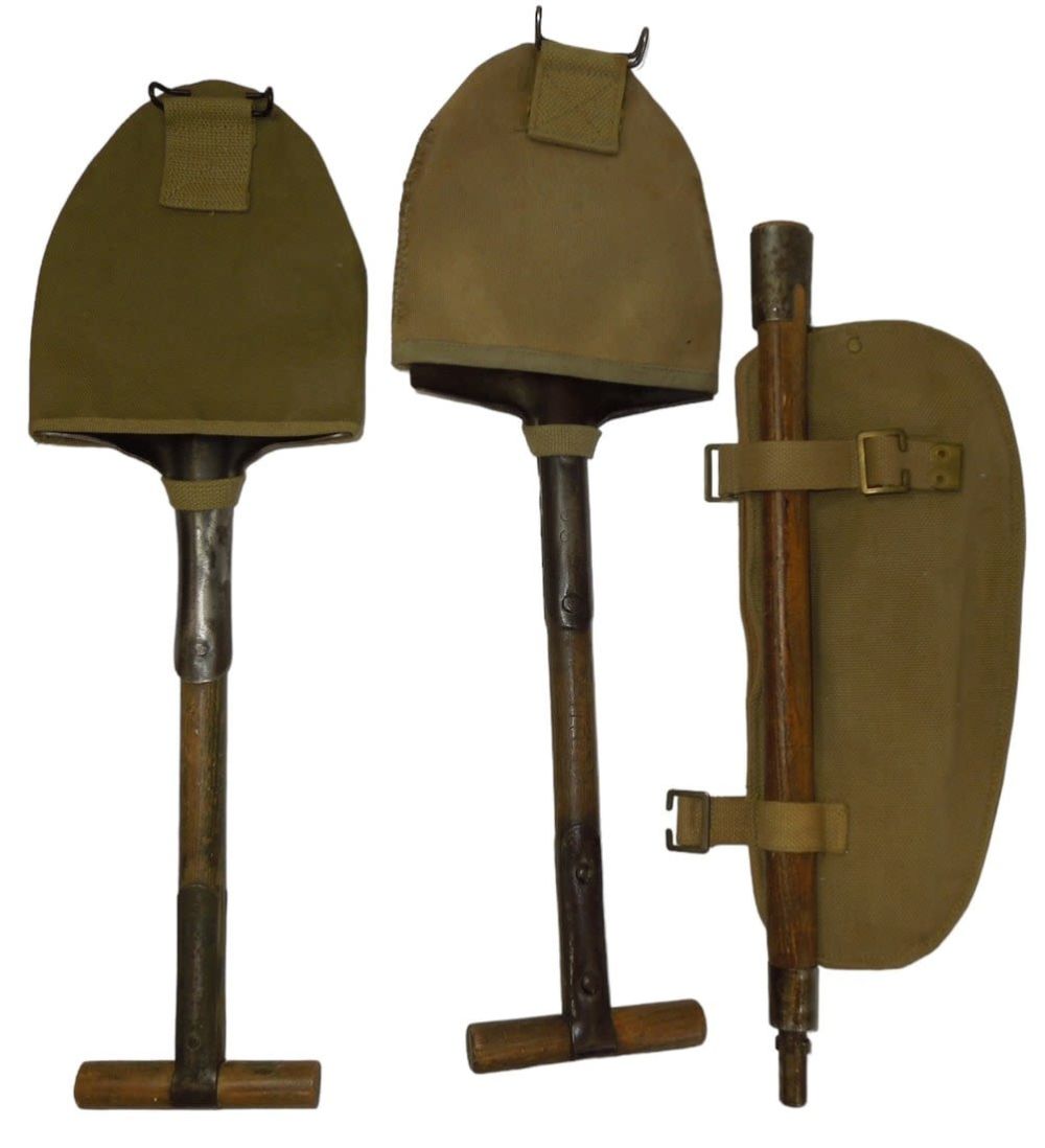 Lot 585: Lot (3) WWII US Army & 1941 British PERK Military Trench Shovels & Covers With Bayonet
