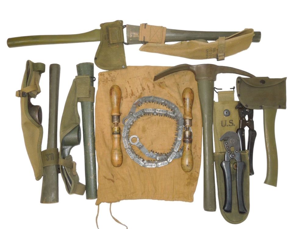 Lot 589: WWII US Military Pick Mattocks, Hatchets Field Wire Cutters & Hand Saw