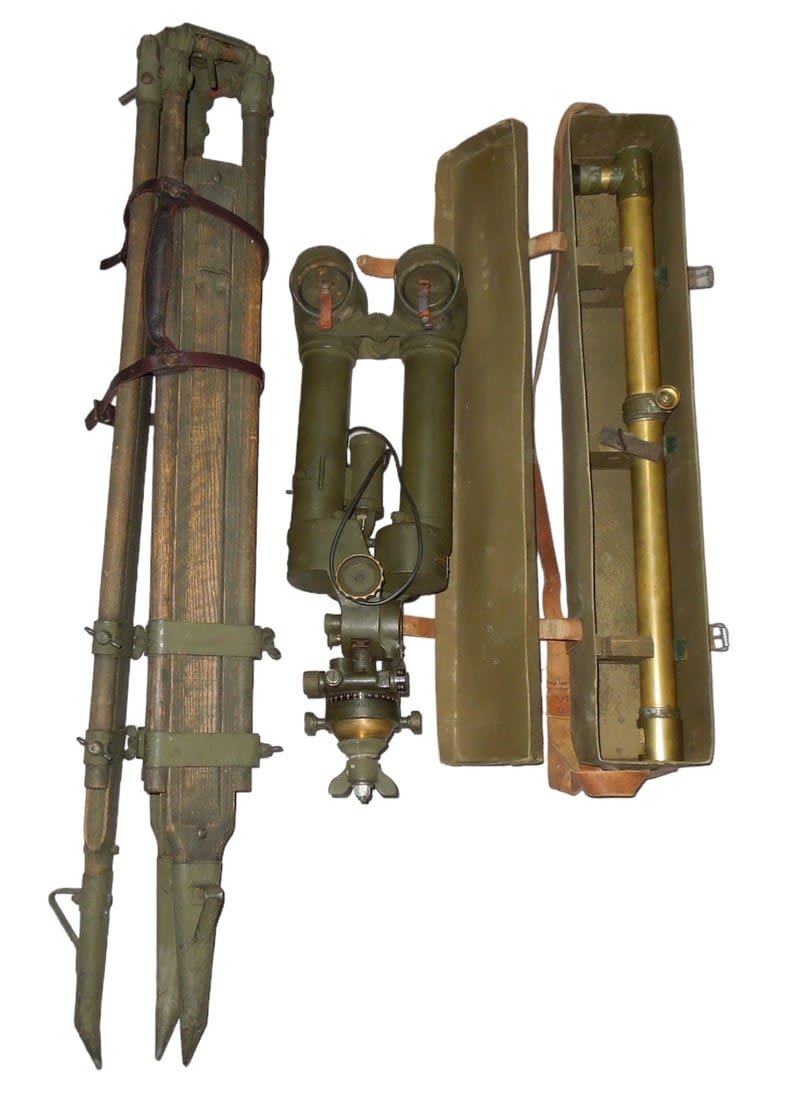 Lot 593: Lot WWI & WWII Military Pericopes & Tripod Battery Commander & M65