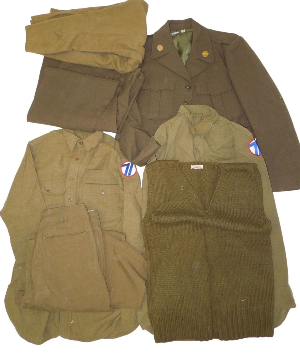 Lot 614: WWII Uniforms US Army 71st Division Shirts Sweater Pants Ike Jacket
