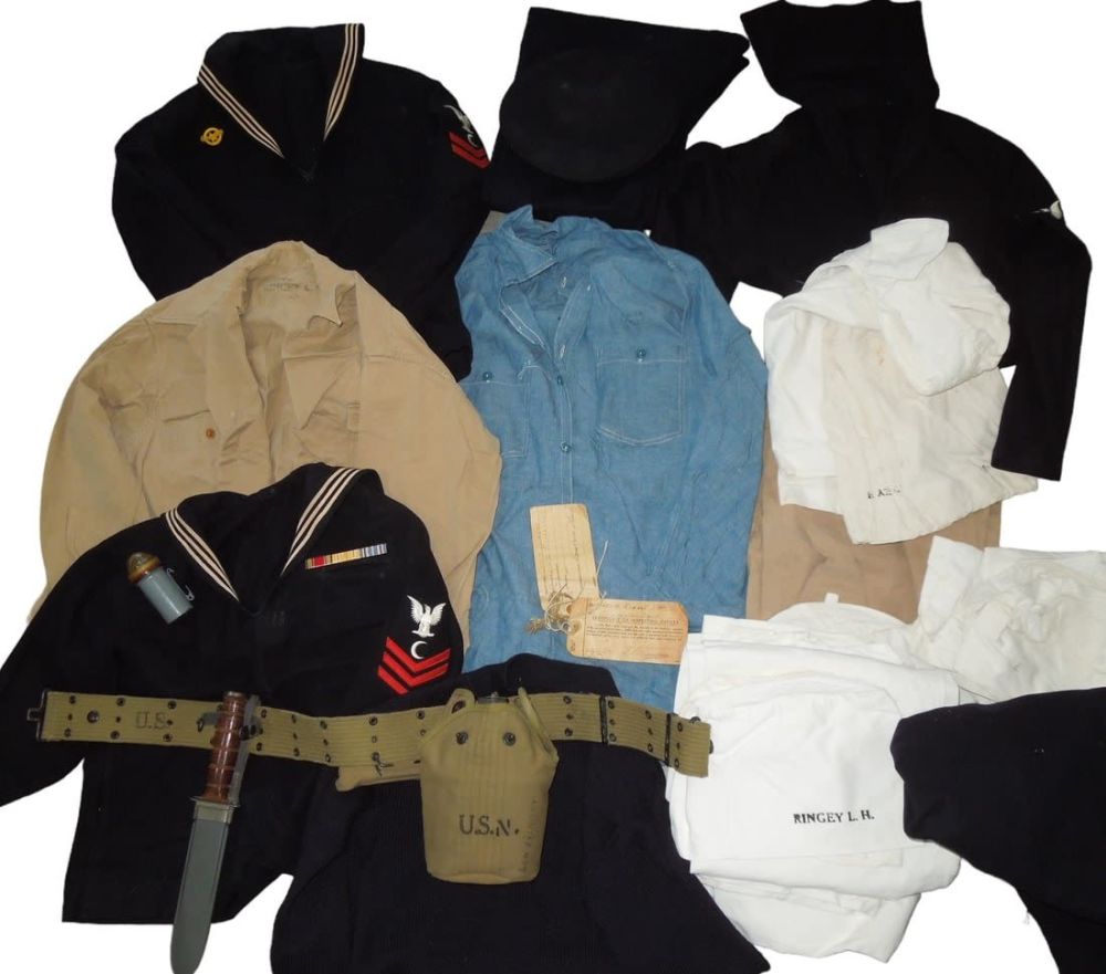 Lot 620: WWII US Navy Named Sailor Group MK2 Ka-Bar Knife Denim Work Shirt Uniforms