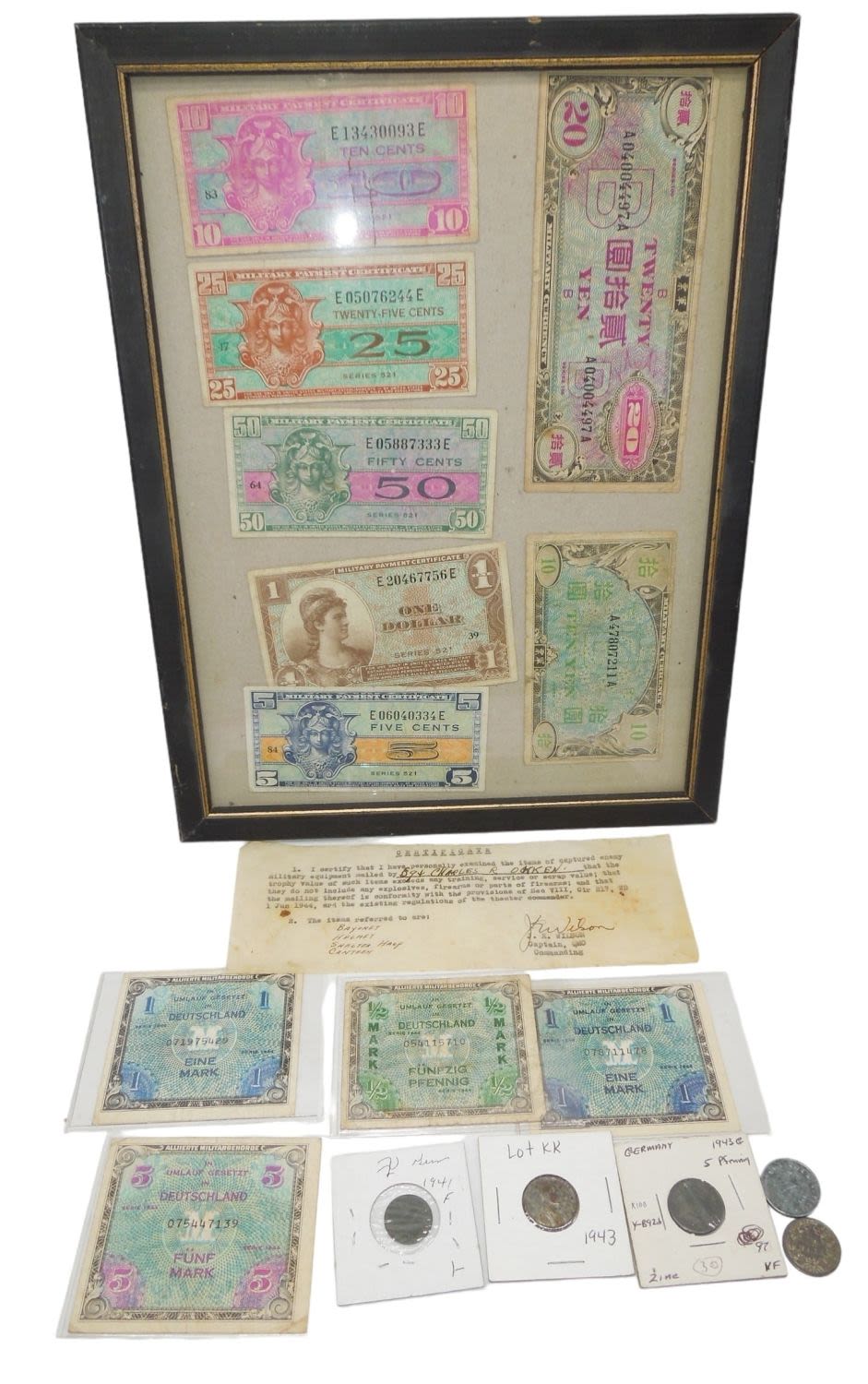 Lot 647: WWII U.S. Military Payment Certificates, German Coins Money & Capture Paper
