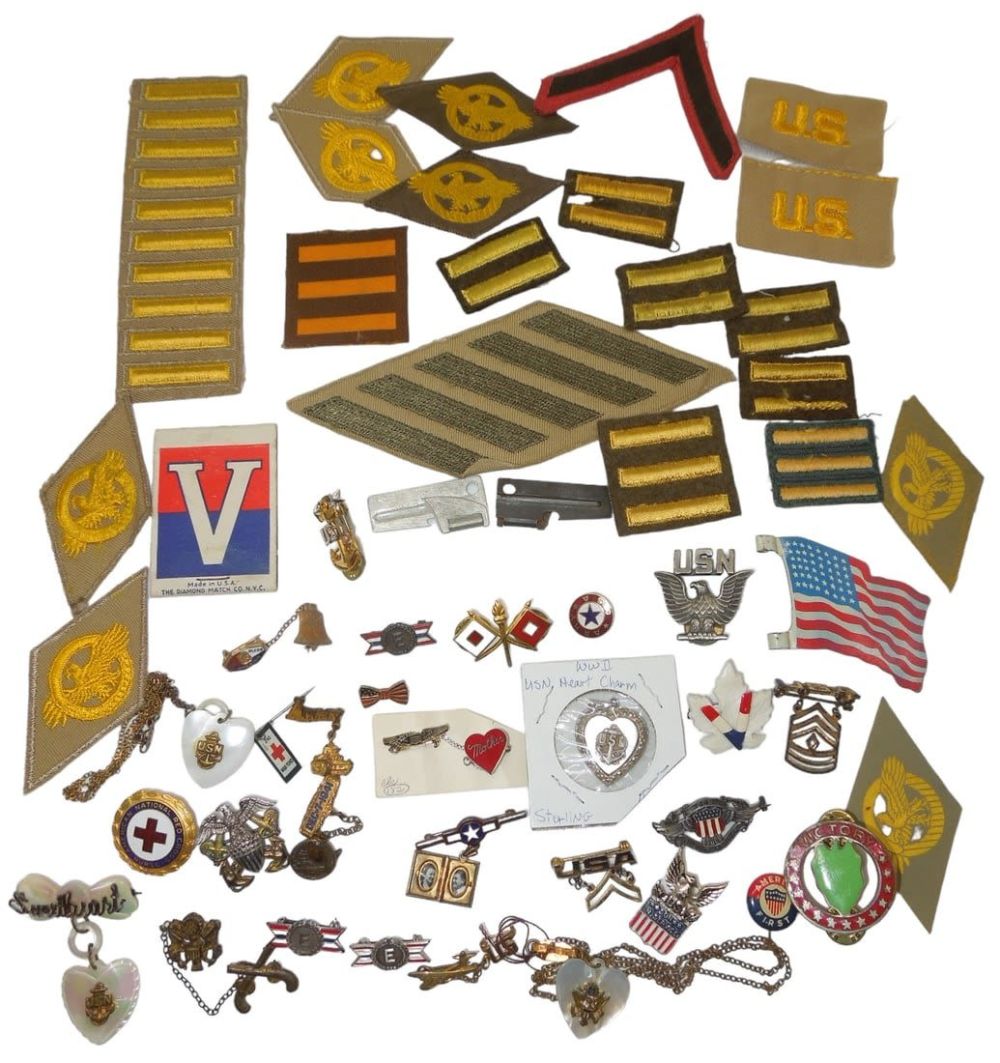 Lot 666: WWII US Army Patches, Sweetheart, Home Front Pins & Insignia Red Cross Nurse, Etc.