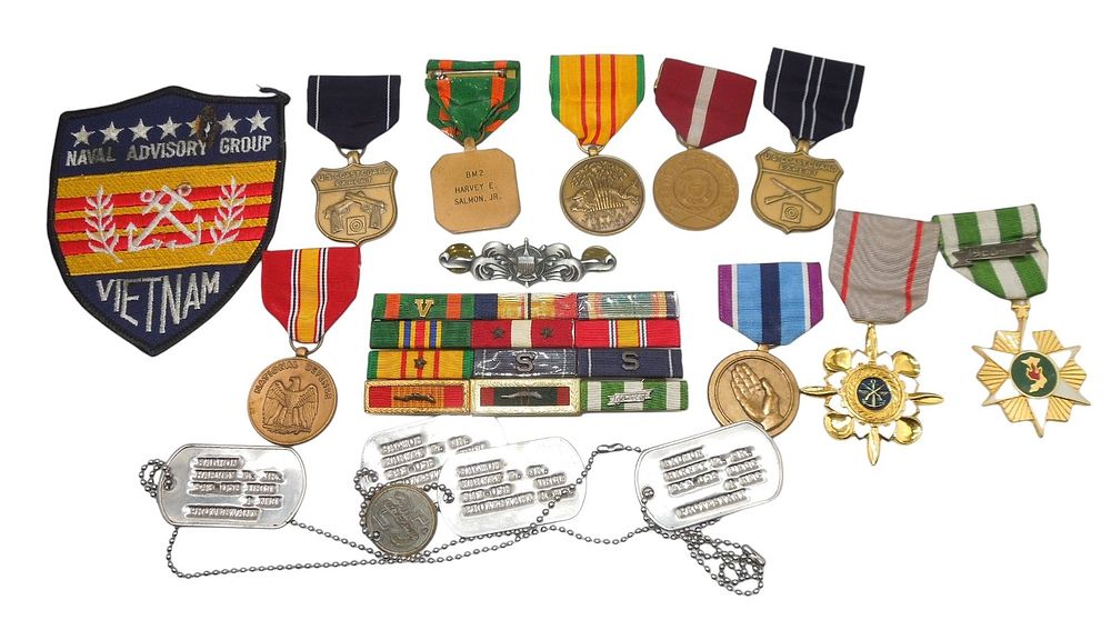 Lot 219: Vietnam War USCG US Coast Guard Named Medals, Ribbons, Dog Tags Group