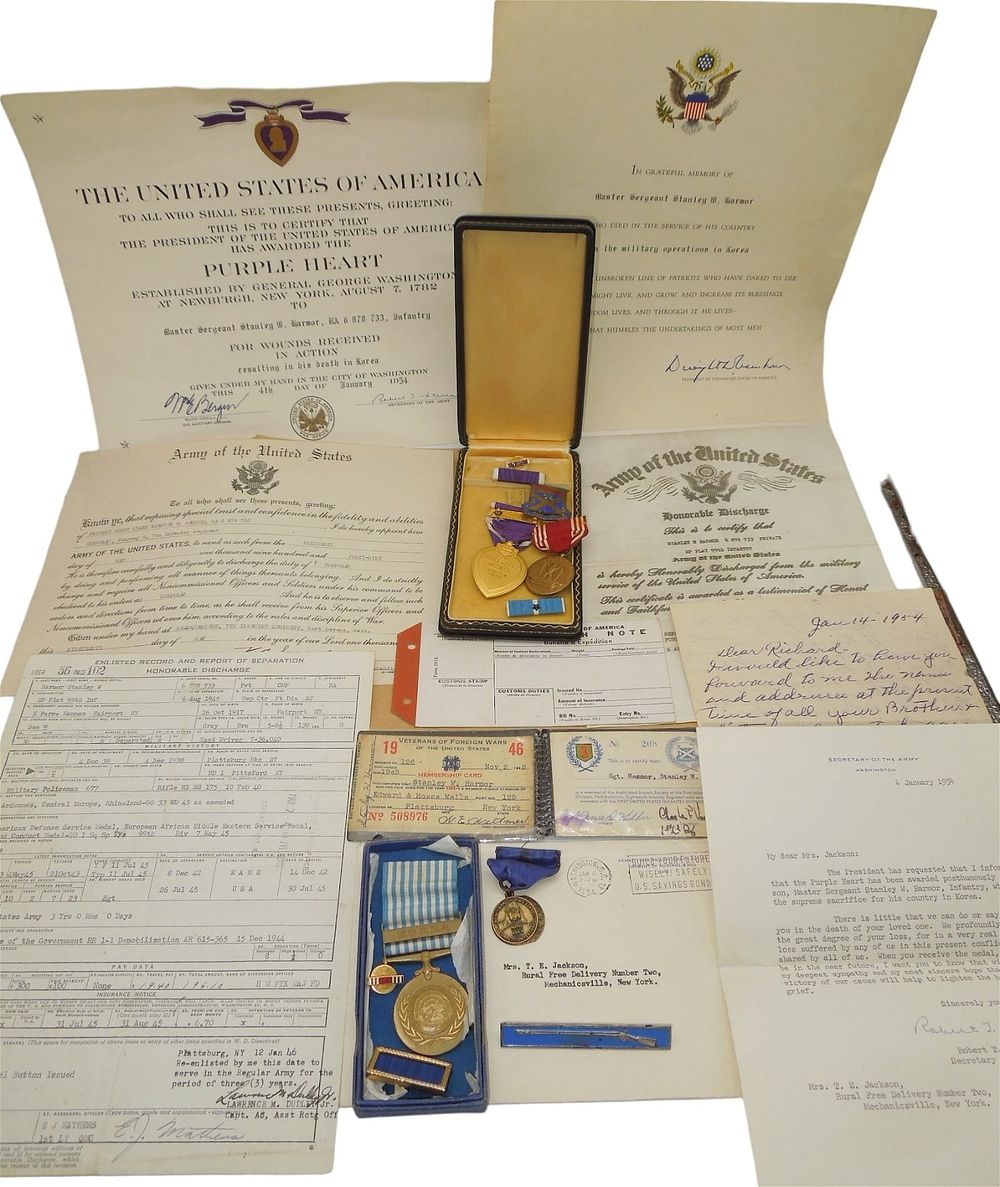 Lot 225L: WWII 99th Division Korean War US 3rd Division KIA Purple Heart Medal Group