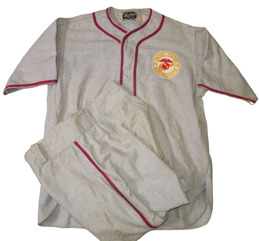 Lot 226: WWII USMC Marine Corps Baseball Uniform Jersey Shirt & Pants by Rawlings