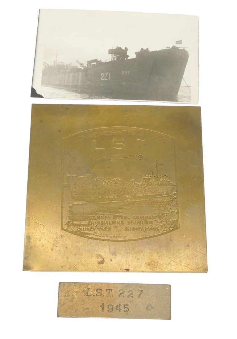 Lot 231: WWII 1945 Landing Ship Tank L.S.T. 227 Name Plate, Launching Plate and Photo Lot