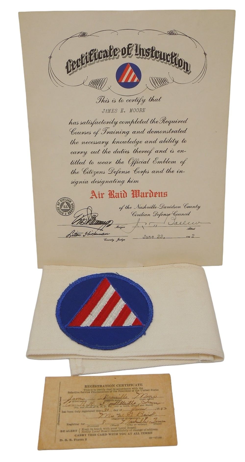 Lot 235: WWII Nashville Civil Defense Air Raid Warden Certificate, Armband & Card Lot