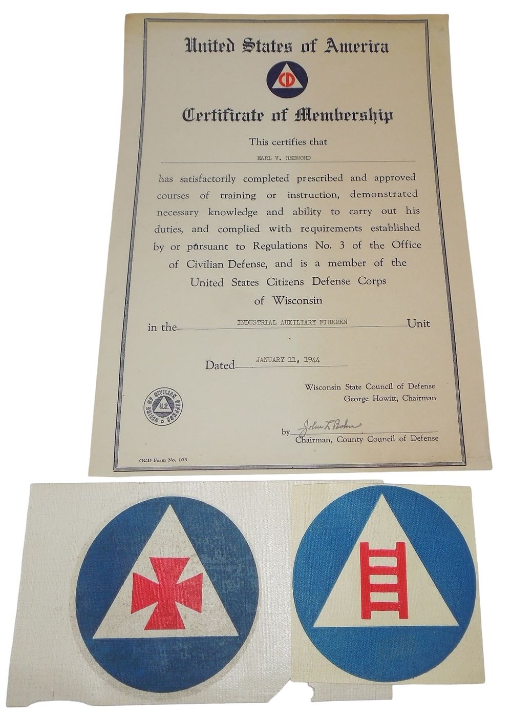 Lot 236: WWII Wisconsin Civil Defense Auxiliary Fireman Certificate & Insignia Lot