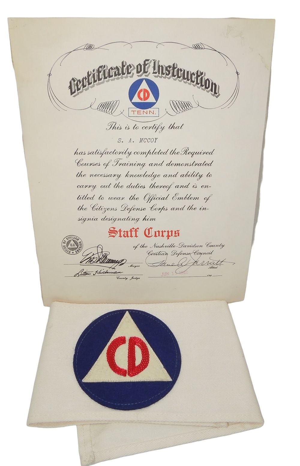 Lot 243: WWII Civil Defense Tennessee Staff Corps Certificate & Armband
