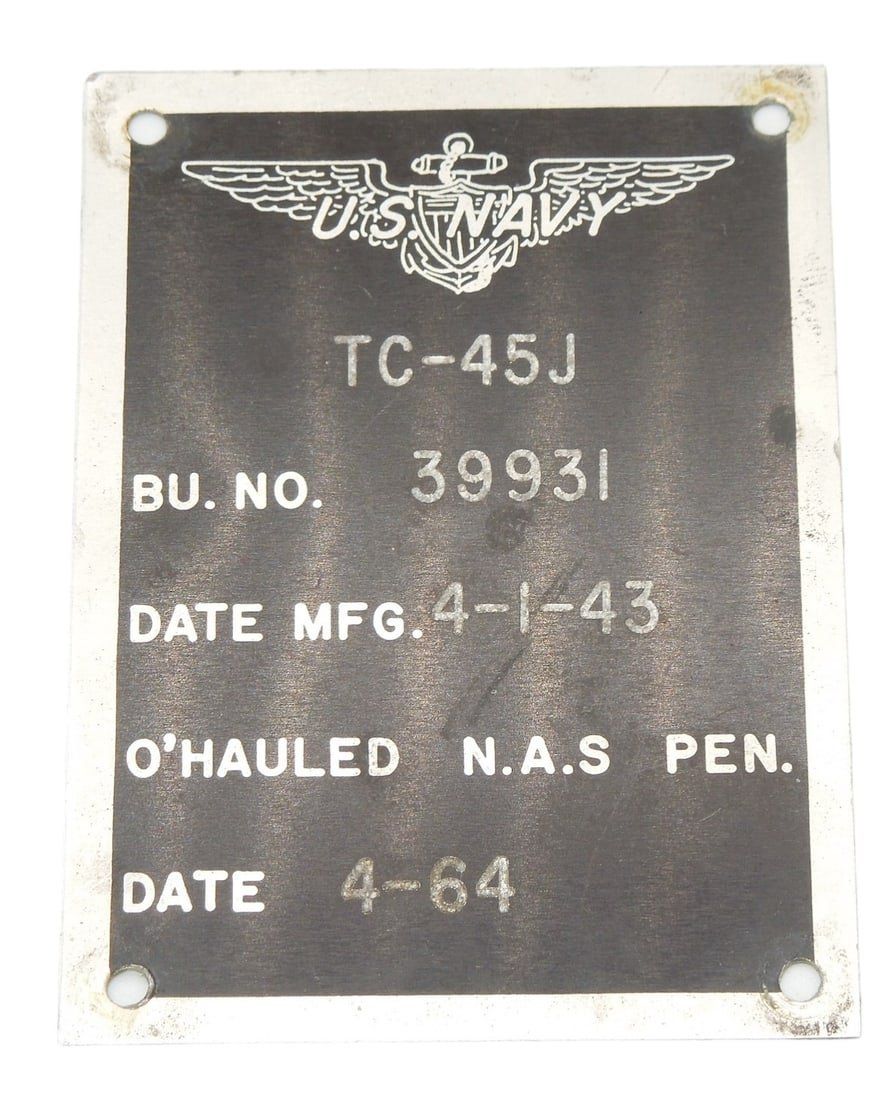 Lot 251: USN Navy Beechcraft TC-45J Expeditor Twin Beech Data Plate
