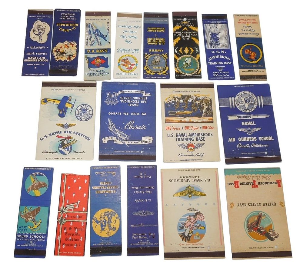 Lot 257: WWII Era USN Navy Naval Bases Matchbook Covers Lot (18) Gunners, Amphibious, Submarine, etc.