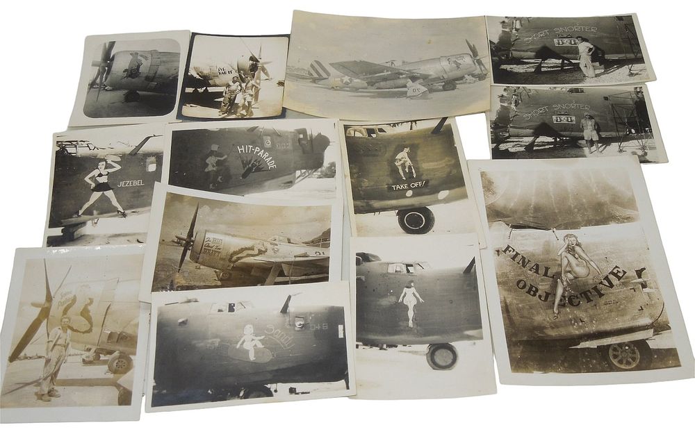 Lot 266: WWII Era Aircraft Airplane Nose Art Photos B-17, B-24, P-47 Lot (13)