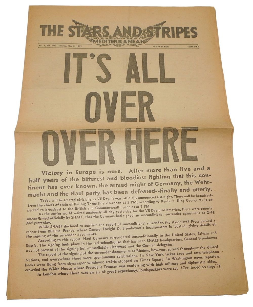 Lot 276: WWII 1945 Star & Stripes Mediterranean Italy VE Edition Its All Over