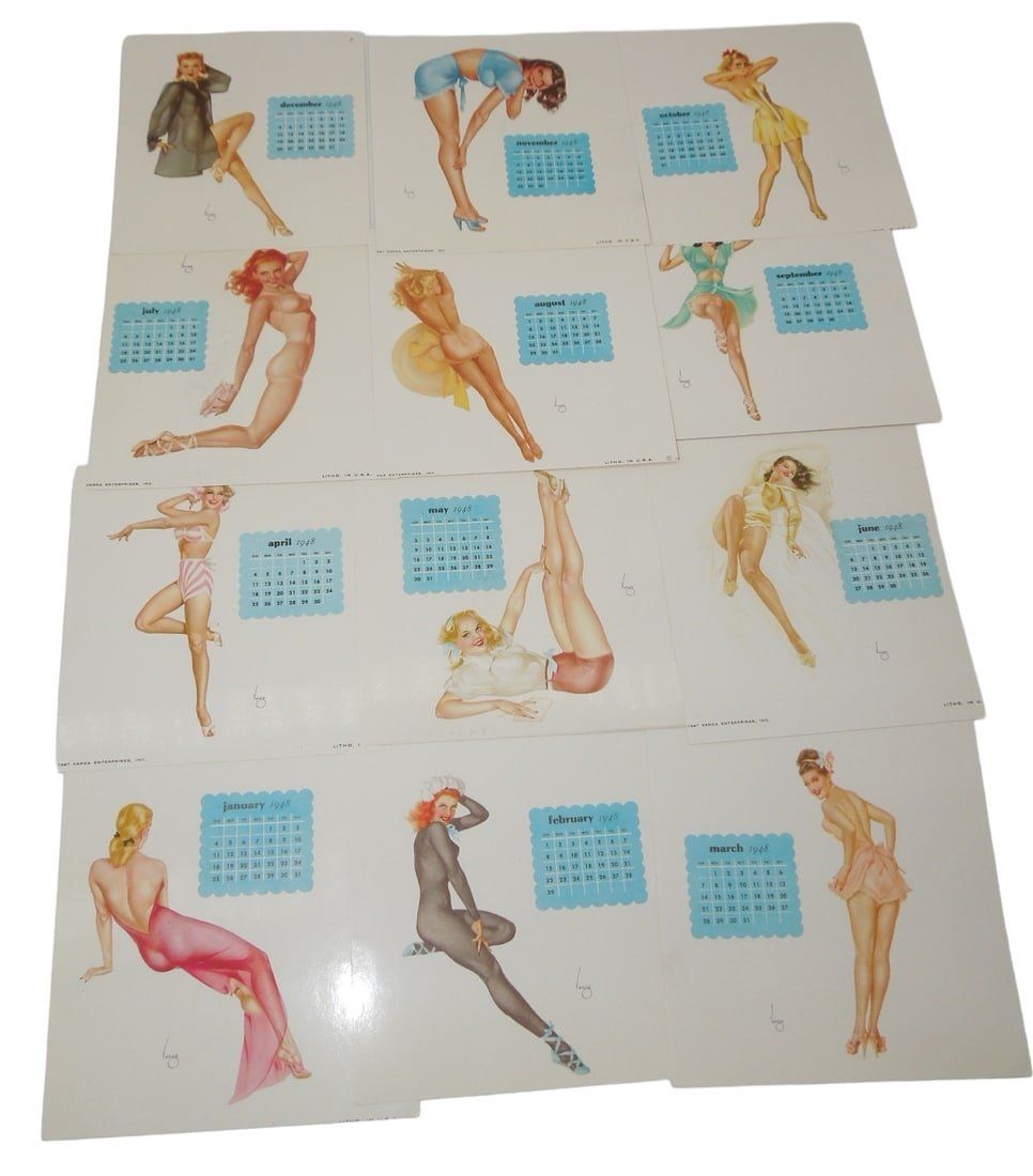 Lot 277: 1948 VARGA Pin-Up Girls (12) Calendar Lithograph Glossy Print Cards
