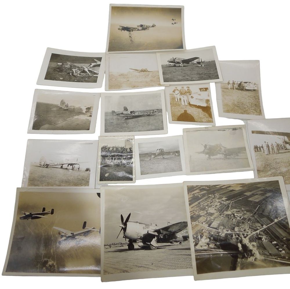 Lot 280: WWII Era 79th Fighter Group Photo Lot (16) German Crash Plane, Bombing Mission, plus more