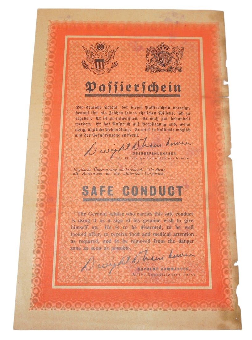 Lot 287: WWII US Safe Conduct POW Soldier Surrender Leaflet Pass General Eisenhower