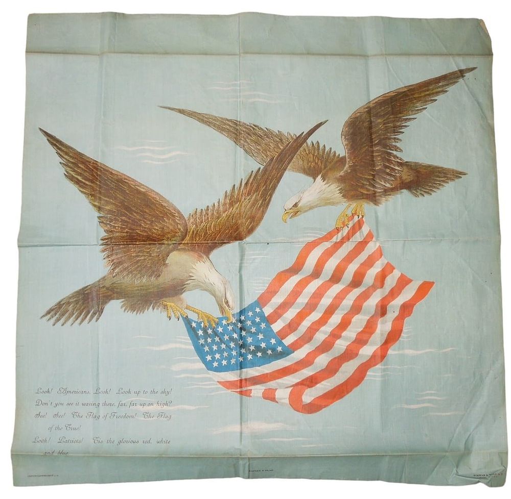 Lot 288: 1907 Eagles & 46 Star Flag Chromolithograph Textile Schwab & Wolf Banner