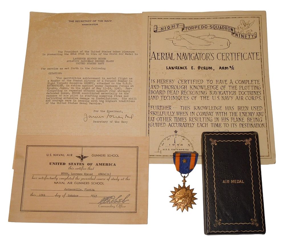 Lot 359: WWII USN Navy Air Medal, Citation & Certificate Group Night Torpedo Squadron Ninety