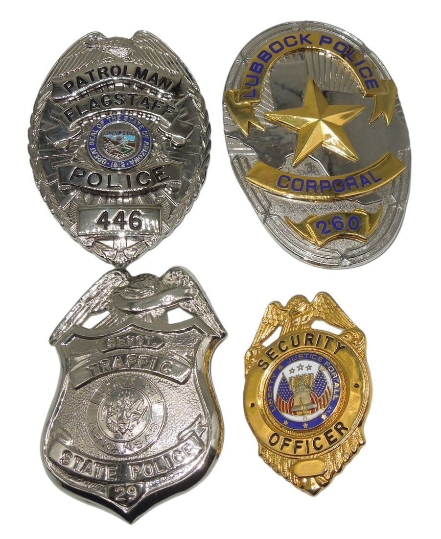 Lot 373: Lot (4) Law Enforcement Police Badges Lubbock, Flagstaff, Arkansas Traffic