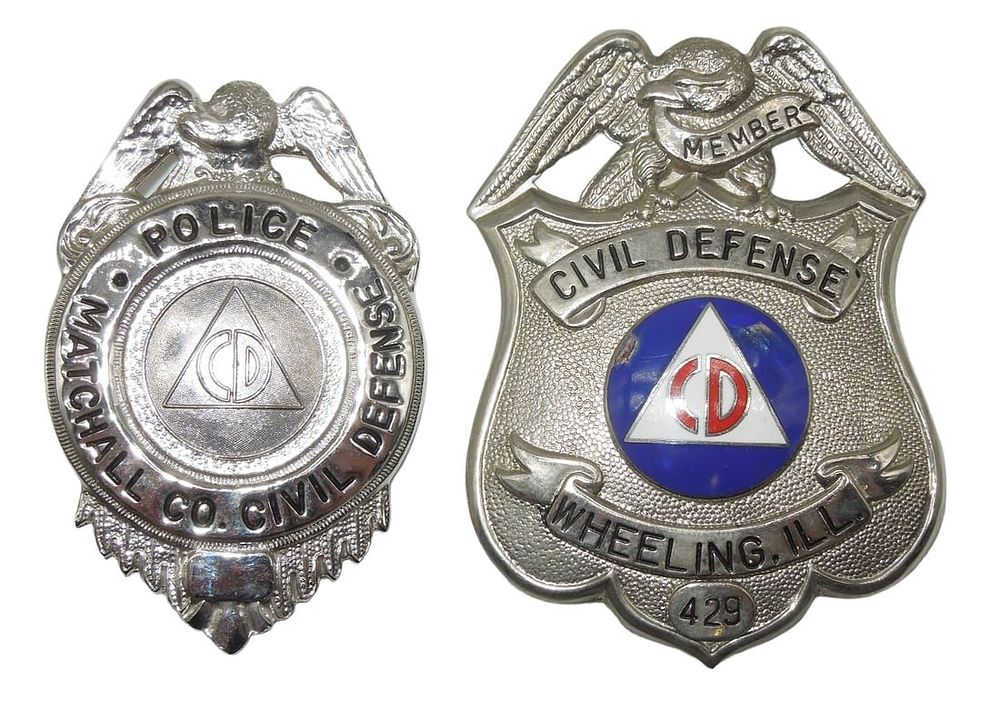 Lot 407: Lot (2) Civil Defense Badges Matchall Co. Police Wheeling Illinois