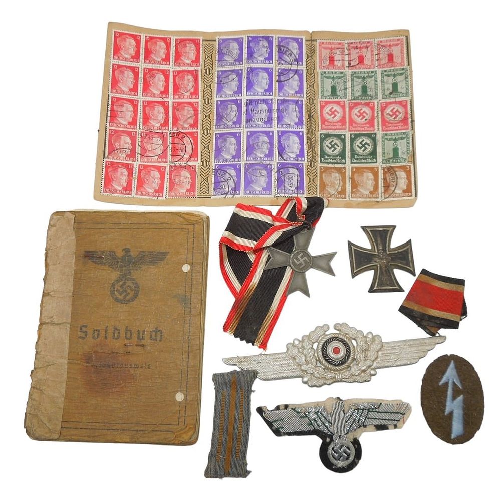 Lot 439: WWII German Military Lot Iron Cross Soldbuch Stamps Bullion Eagle