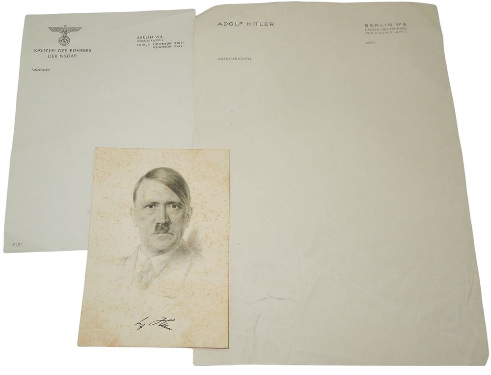 Lot 472: WWII German Adolf Hitler Personal Letterhead Paper & Postcard