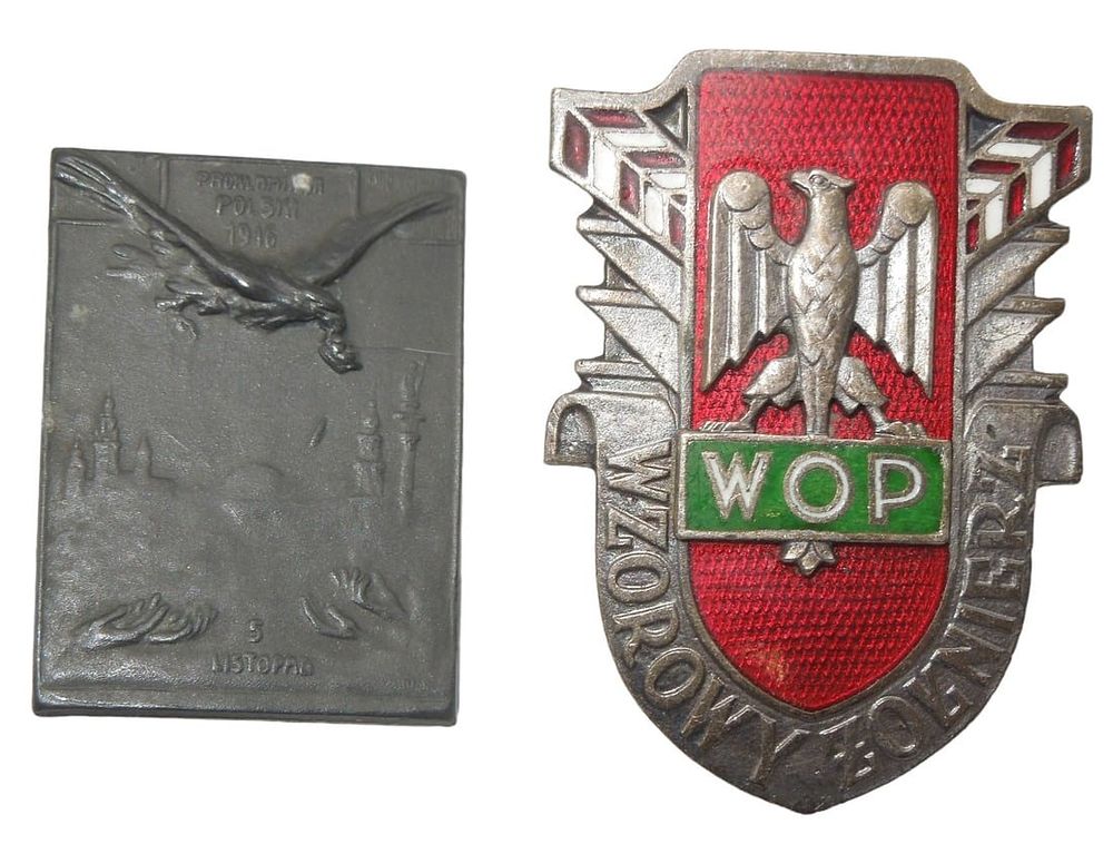 Lot 476: WWII Poland Exemplary Soldier WOP Badge & Polski 1916 Pin