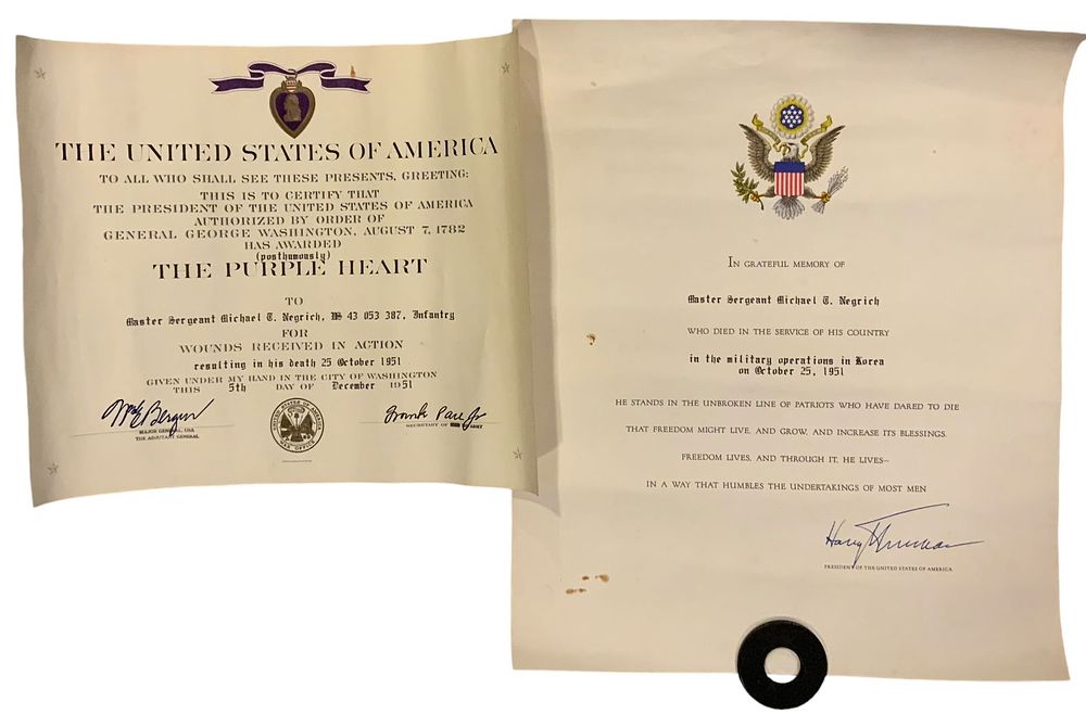 Lot 232: Korean War Army KIA 24th Infantry Division Citation & Purple Heart Certificate Group