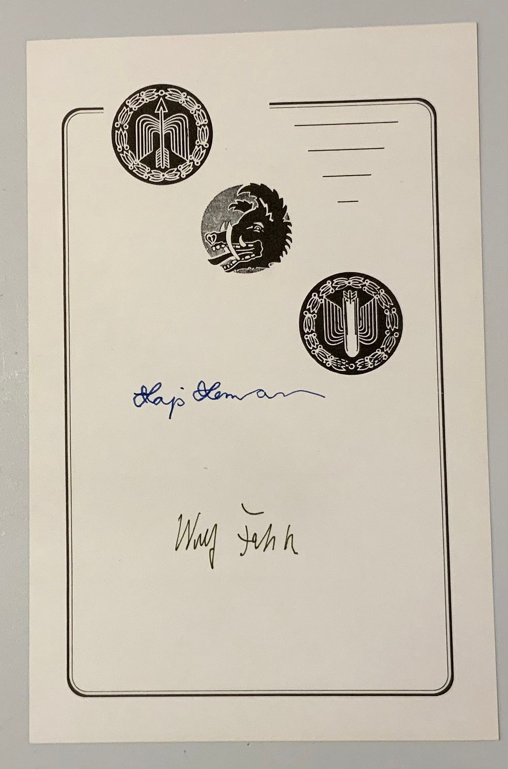 Lot 255: WWII German Aces Hajo Herrmann & Wolfgang Falck Knights Cross Signed Book Plate